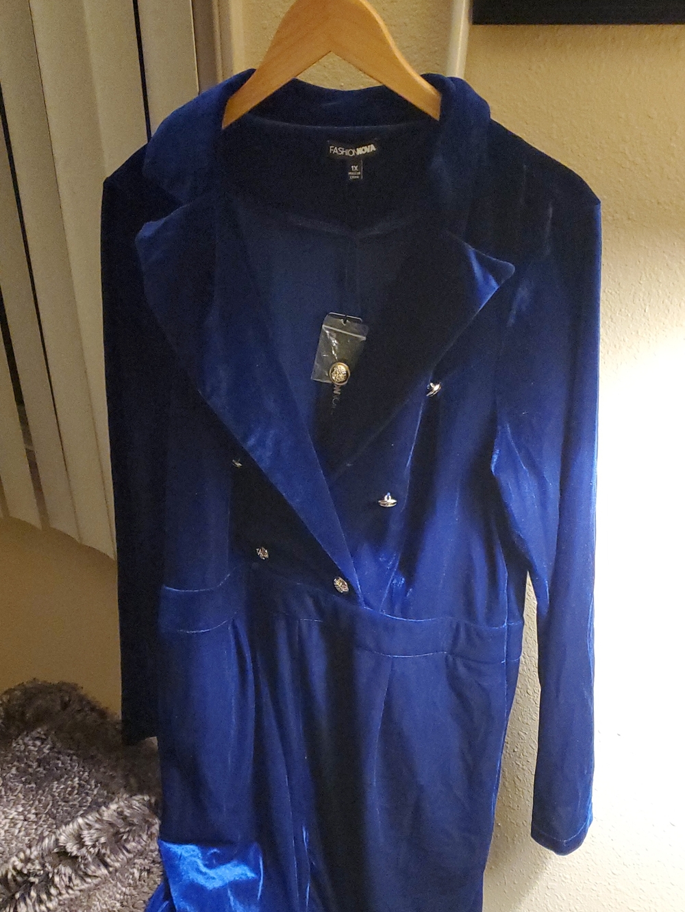 Fashion Nova Royal Blue Velvet Jumpsuit with Double-Breasted Buttons